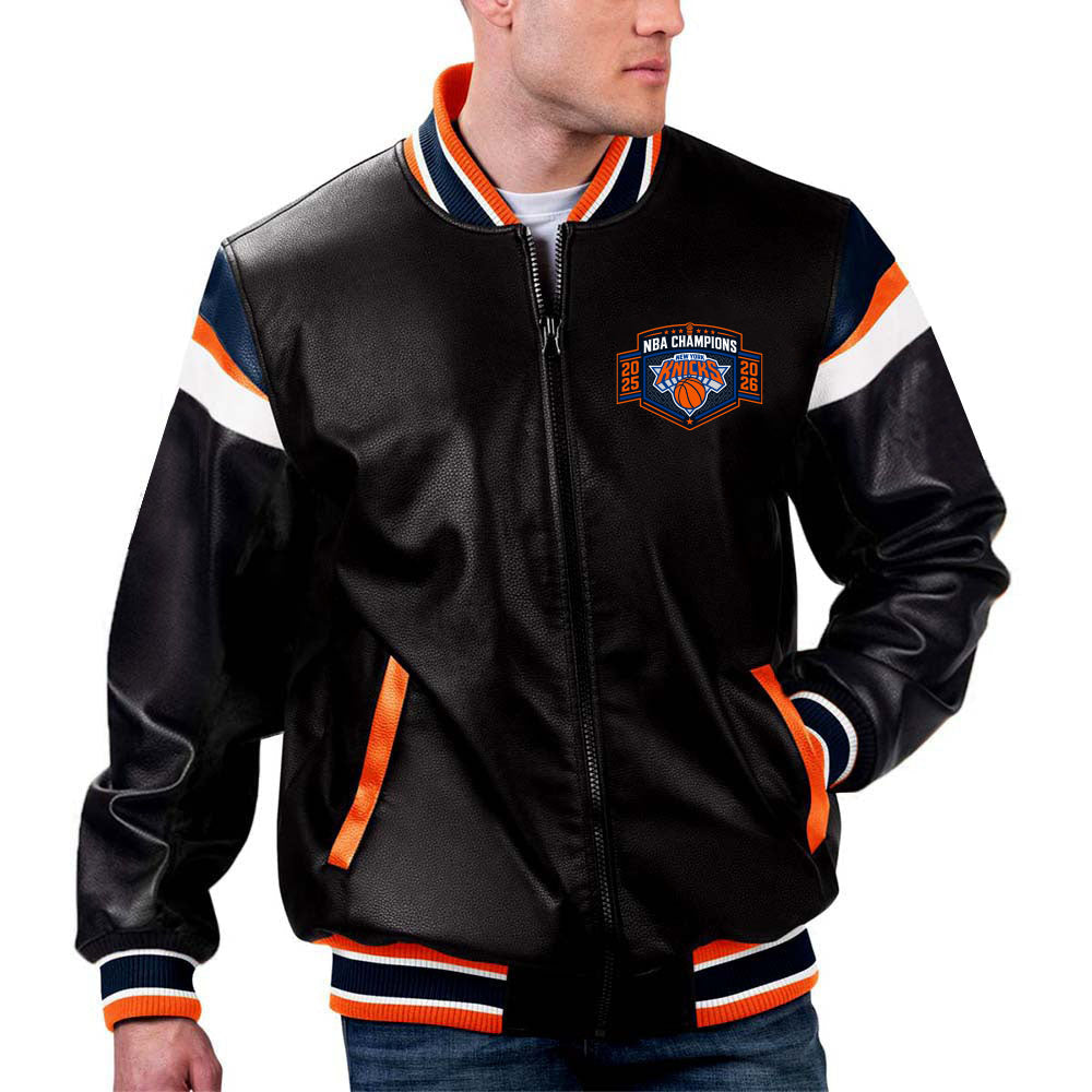 Shop NBA New York Knicks 2026 Champion Leather Jacket For Men and Women