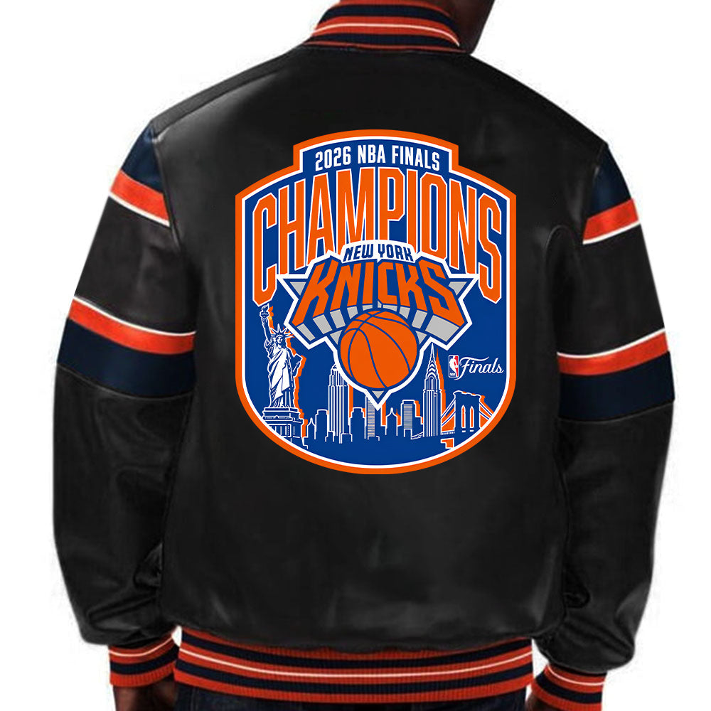 Shop NBA New York Knicks 2026 Champion Leather Jacket For Men and Women