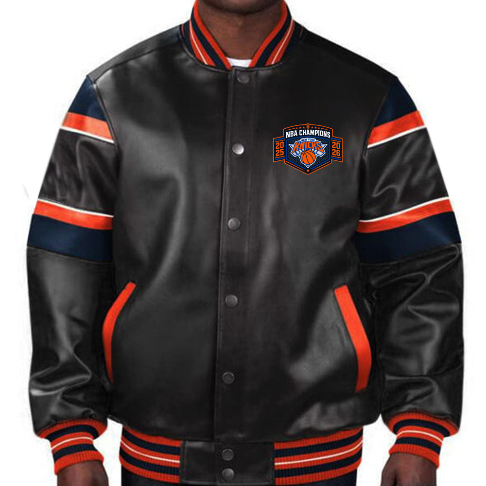 Shop NBA New York Knicks 2026 Champion Leather Jacket For Men and Women
