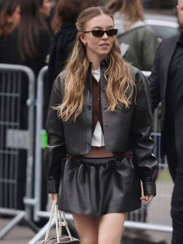 Shop Paris Fashion Week 2025 Sydney Sweeney Black Leather Jacket