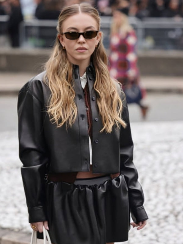 Shop Paris Fashion Week 2025 Sydney Sweeney Black Leather Jacket