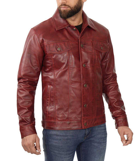 Shop Maroon Trucker Leather Jacket By TJS