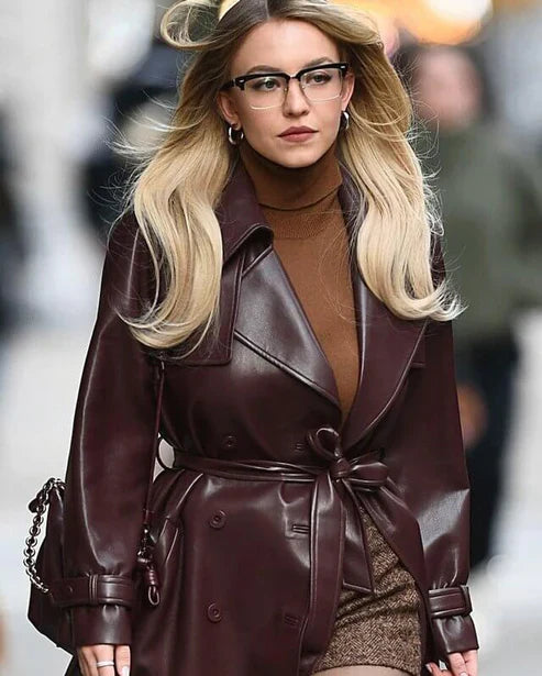 Shop Sydney Sweeney Dark Brown Leather Coat