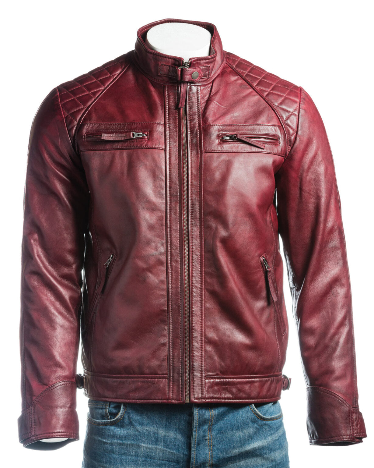 Shop Men’s Burgundy Diamond Shoulder Biker Style Leather Jacket