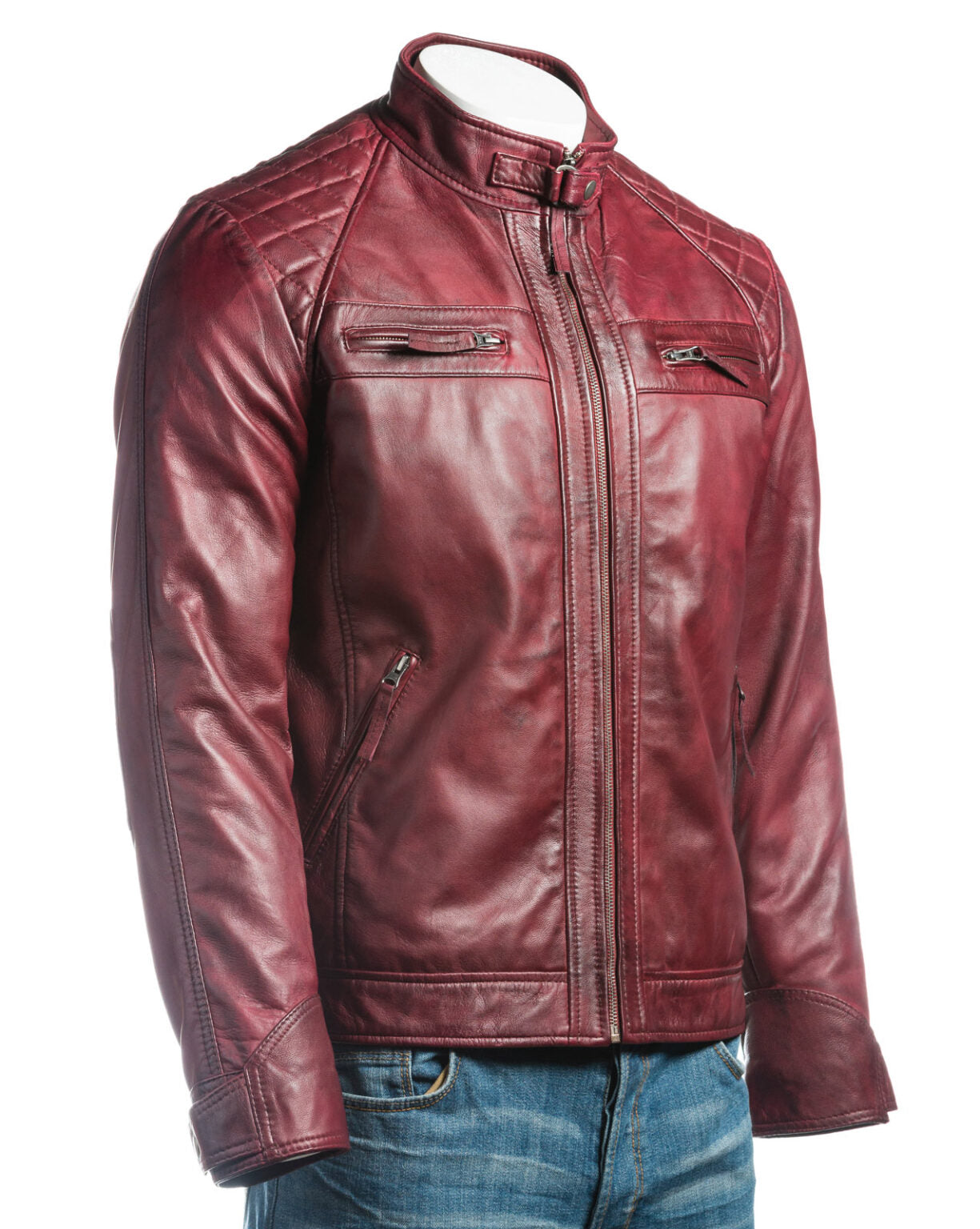 Shop Men’s Burgundy Diamond Shoulder Biker Style Leather Jacket