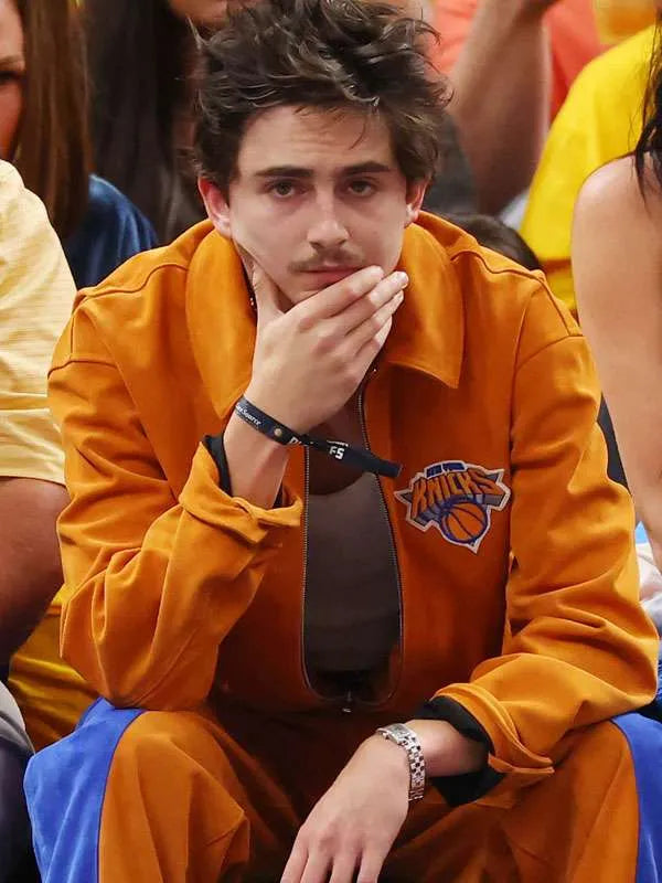Shop Timothée Chalamet Knicks Game Orange Jacket