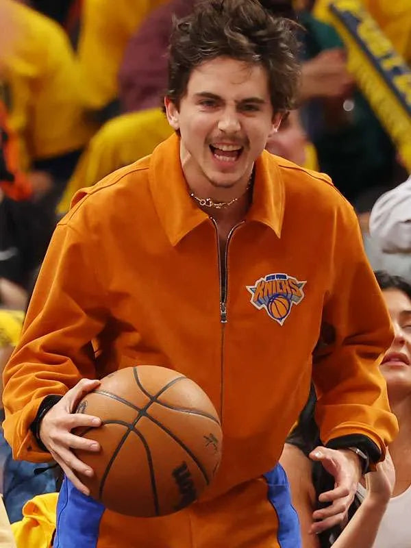 Shop Timothée Chalamet Knicks Game Orange Jacket