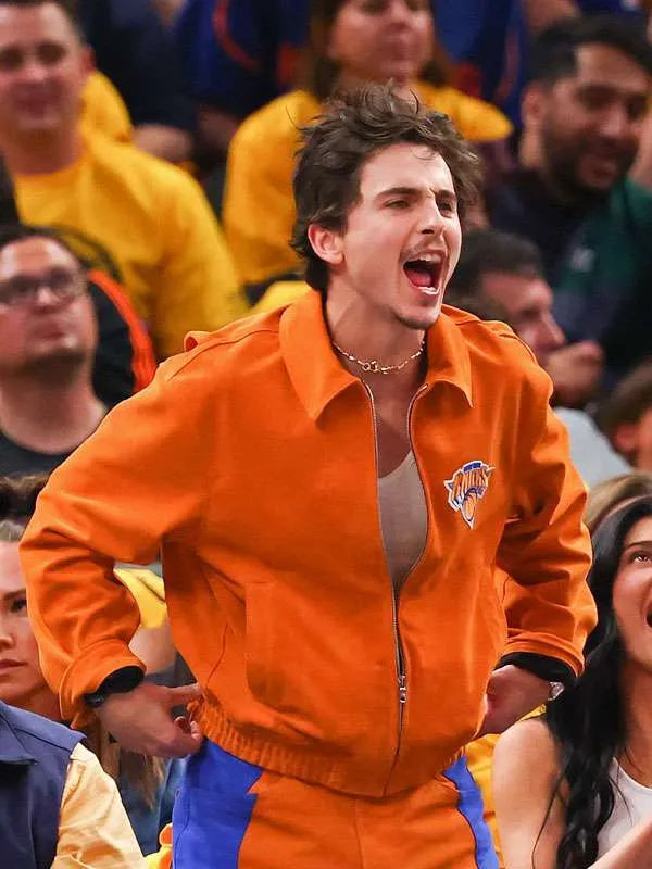 Shop Timothée Chalamet Knicks Game Orange Jacket