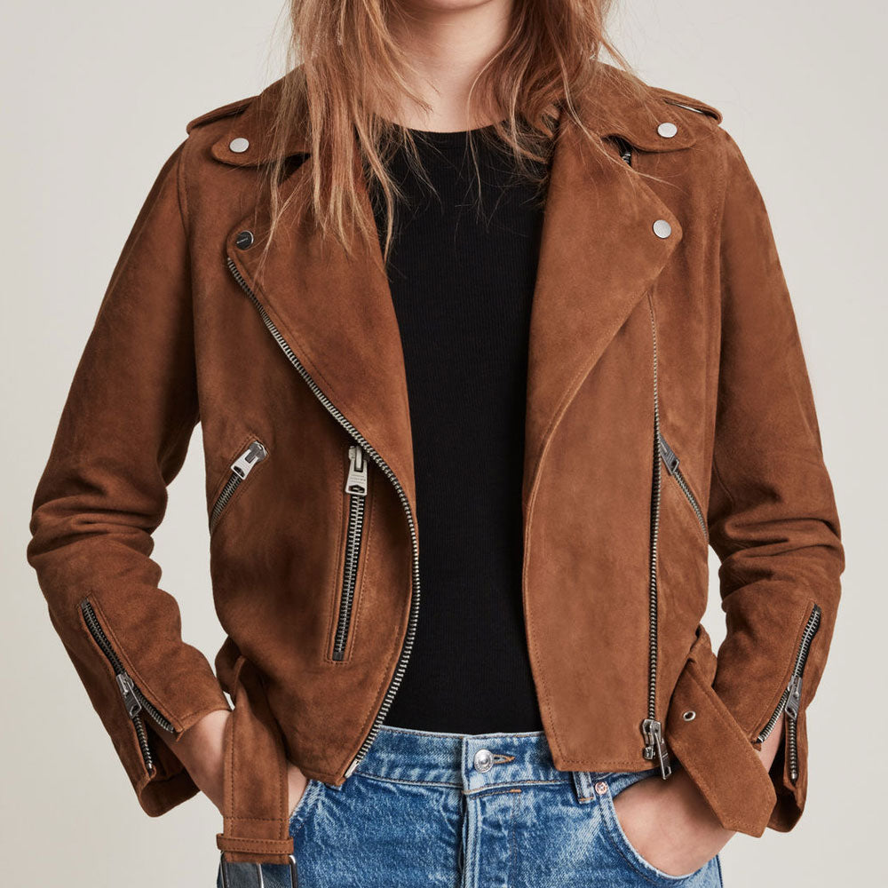 Shop Brown Suede Leather Biker Jacket by TJS