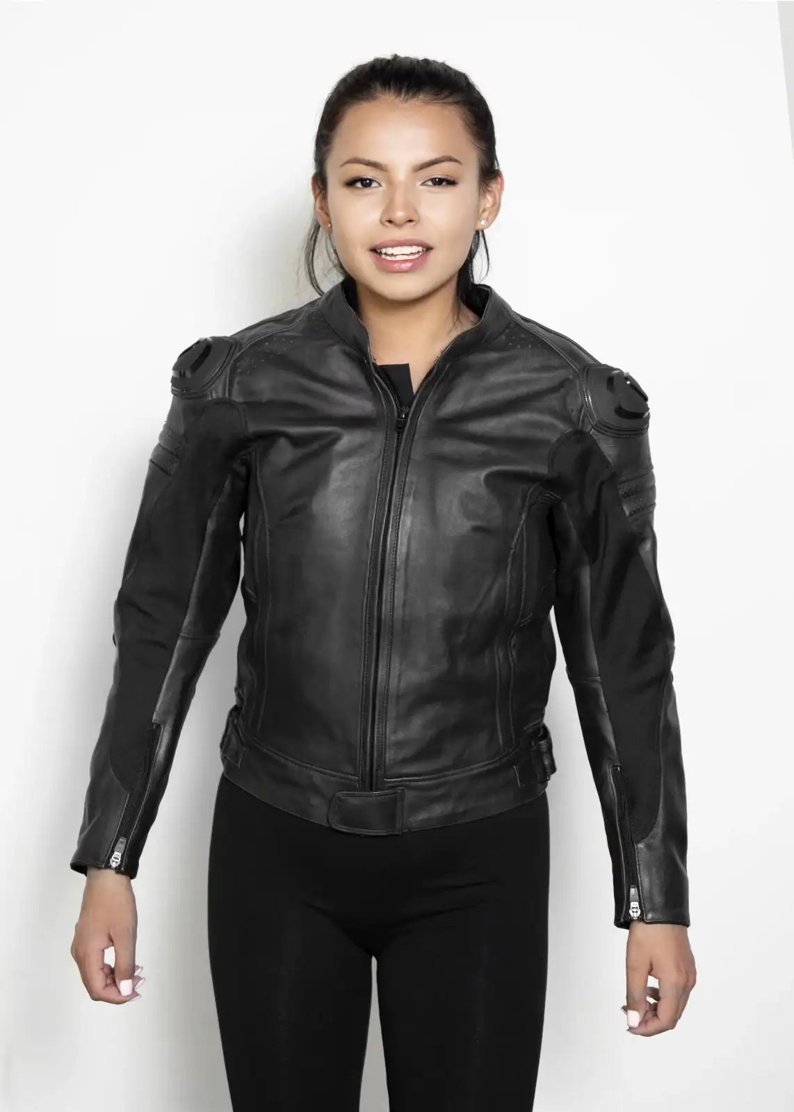 Womens Black Motorcycle Leather Jacket with Armor