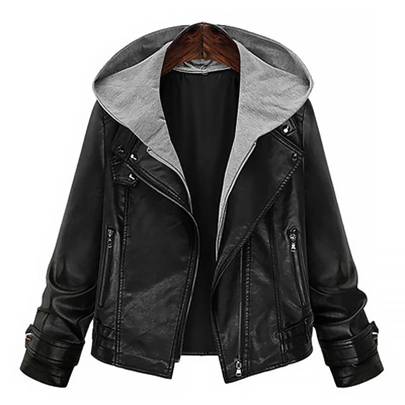 Shop Women Black Hooded Leather Jacket