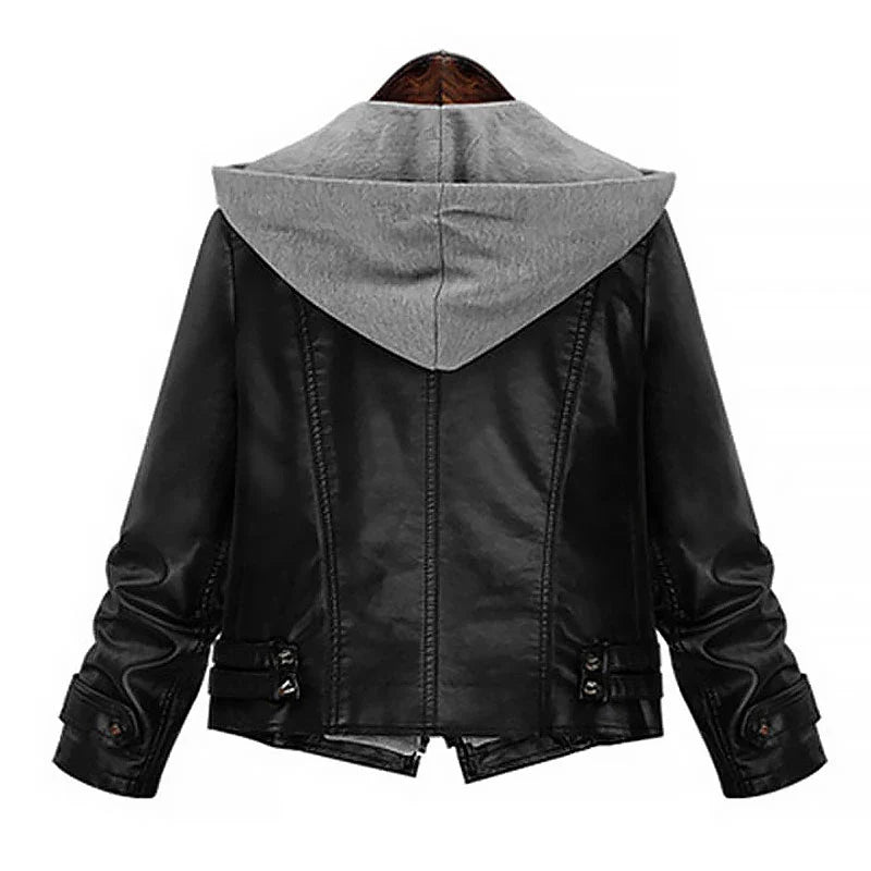 Shop Women Black Hooded Leather Jacket