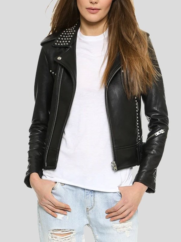 Shop WOMENS BIKER STUDDED PREMIUM LEATHER JACKET