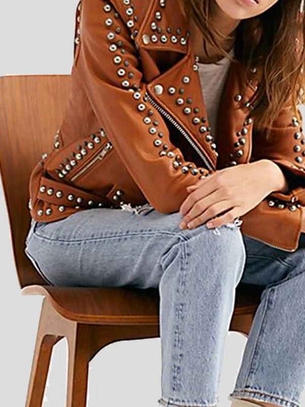 Shop WOMENS MOTO BIKER BROWN STUDDED LEATHER JACKET