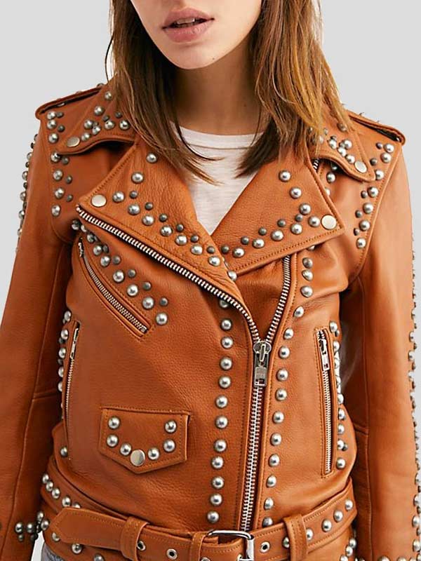 Shop WOMENS MOTO BIKER BROWN STUDDED LEATHER JACKET