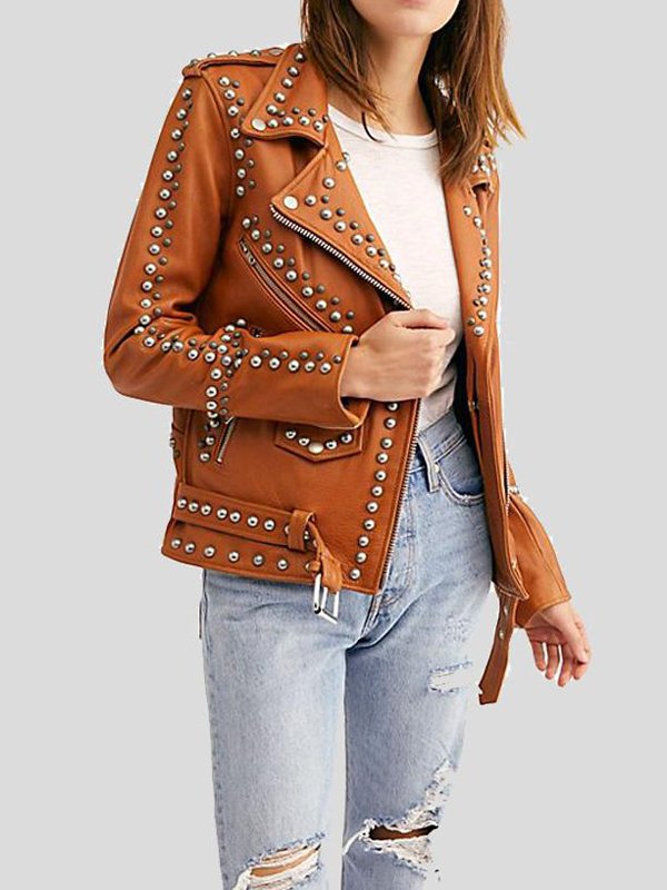 Shop WOMENS MOTO BIKER BROWN STUDDED LEATHER JACKET
