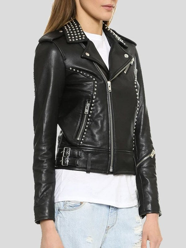 Shop WOMENS BIKER STUDDED PREMIUM LEATHER JACKET