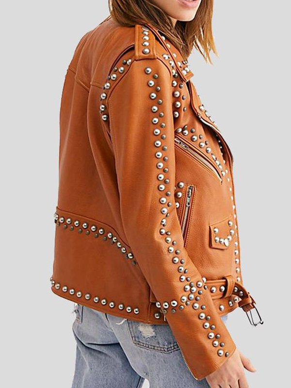 Shop WOMENS MOTO BIKER BROWN STUDDED LEATHER JACKET