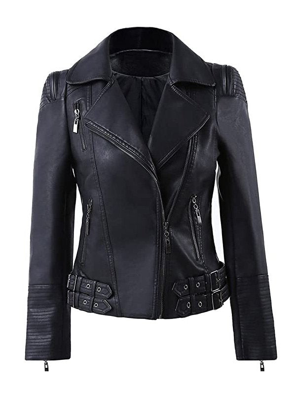 Shop WOMEN’S ZIP UP MOTO BIKER LEATHER JACKET