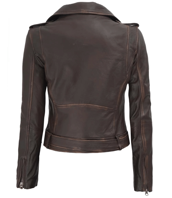 Shop Women's Dark Brown Distressed Cropped Leather Biker Jacket