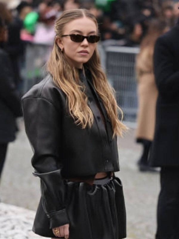 Shop Paris Fashion Week 2025 Sydney Sweeney Black Leather Jacket