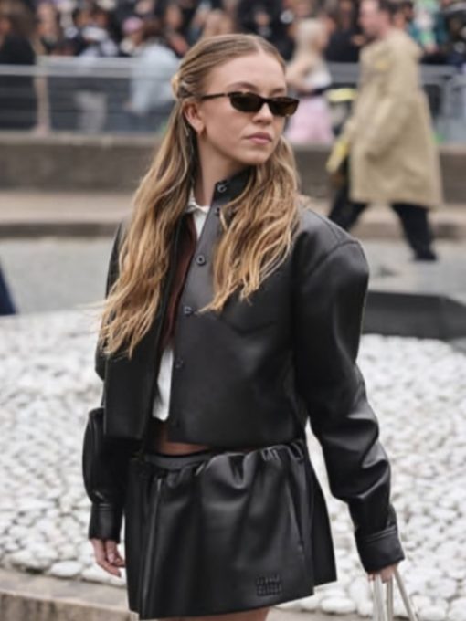Shop Paris Fashion Week 2025 Sydney Sweeney Black Leather Jacket