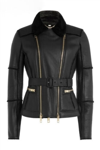 Shop New Stylish Real Leather and Faux Shearling Biker Moto Jacket Black