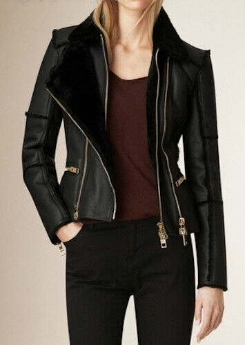Shop New Stylish Real Leather and Faux Shearling Biker Moto Jacket Black
