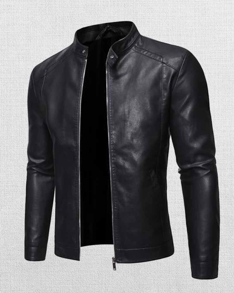 Shop MEN'S STAND COLLAR ZIP LEATHER JACKET