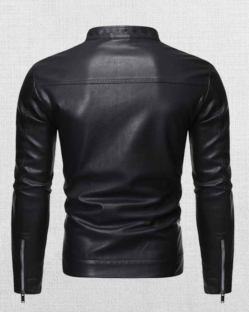 Shop MEN'S STAND COLLAR ZIP LEATHER JACKET
