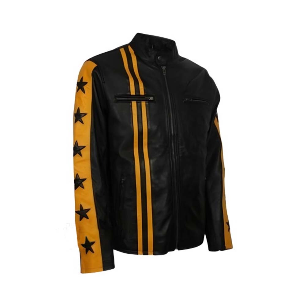 Shop MEN'S YELLOW &amp; BLACK CAFE RACER LEATHER JACKET