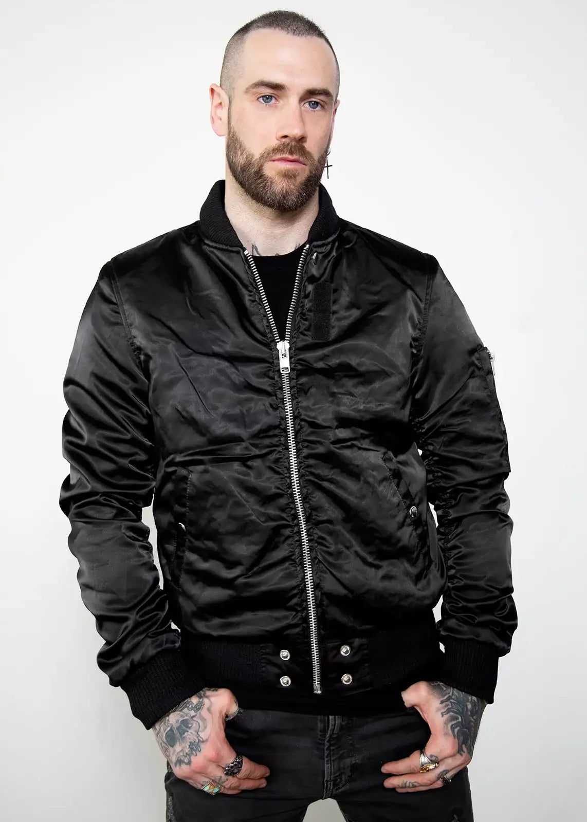 Mens Black Satin Rush Flight Bomber Jacket