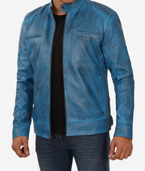 Shop Mens Blue Lambskin Leather Cafe Racer Jacket