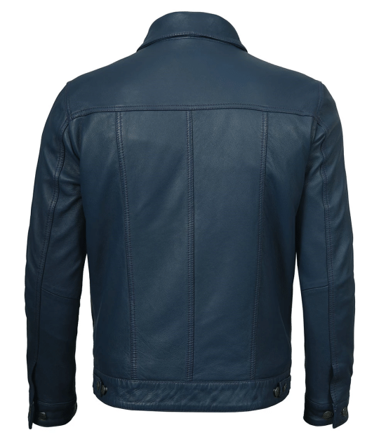 Shop Blue Washed Leather Trucker Jacket Mens