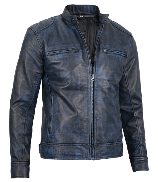 Shop Mens Dodge Blue Waxed Cafe Racer Leather Jacket