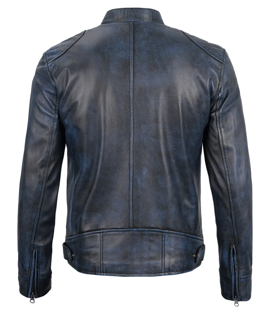 Shop Mens Dodge Blue Waxed Cafe Racer Leather Jacket
