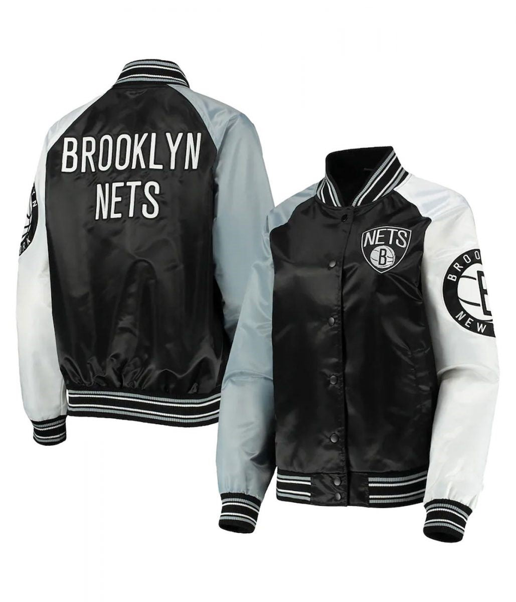 Shop Brooklyn Nets Reliever Raglan Full-Snap Satin Black and Gray Jacket