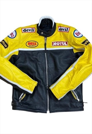 Shop Vintage Y2k Leather Racing Biker Jacket Black Yellow by TJS