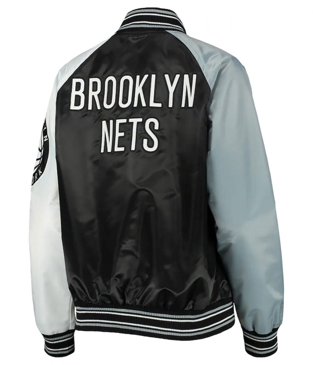 Shop Brooklyn Nets Reliever Raglan Full-Snap Satin Black and Gray Jacket