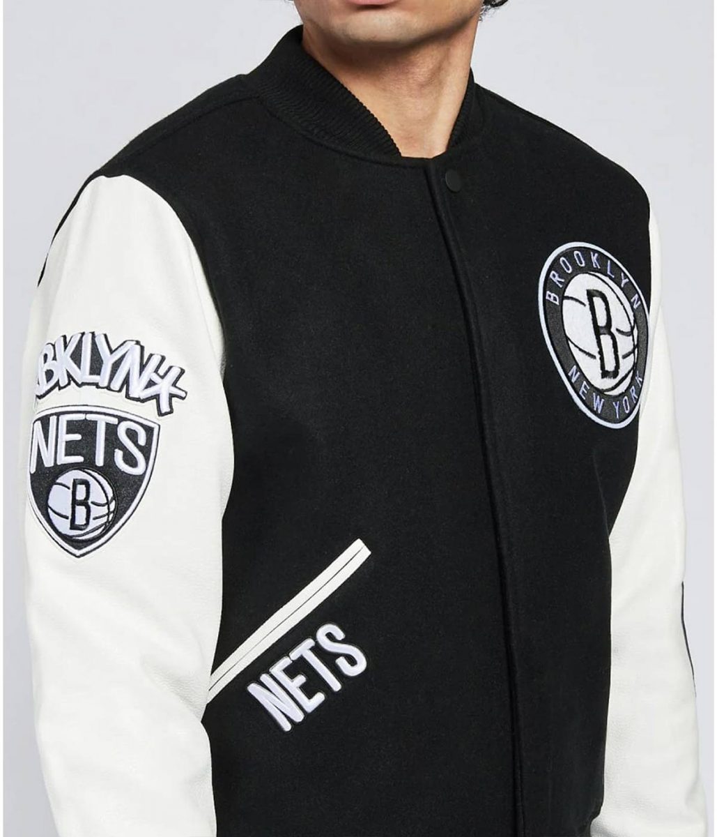 Shop Brooklyn Nets Logo Black and White Letterman Jacket