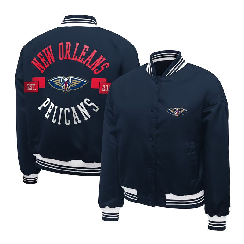 New Orleans Pelicans Printed Logo Navy Varsity Satin Jacket