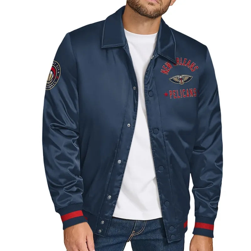 New Orleans Pelicans Stitch Applique Navy Satin Jacket
