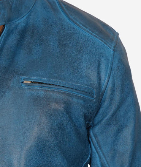 Shop Mens Blue Lambskin Leather Cafe Racer Jacket