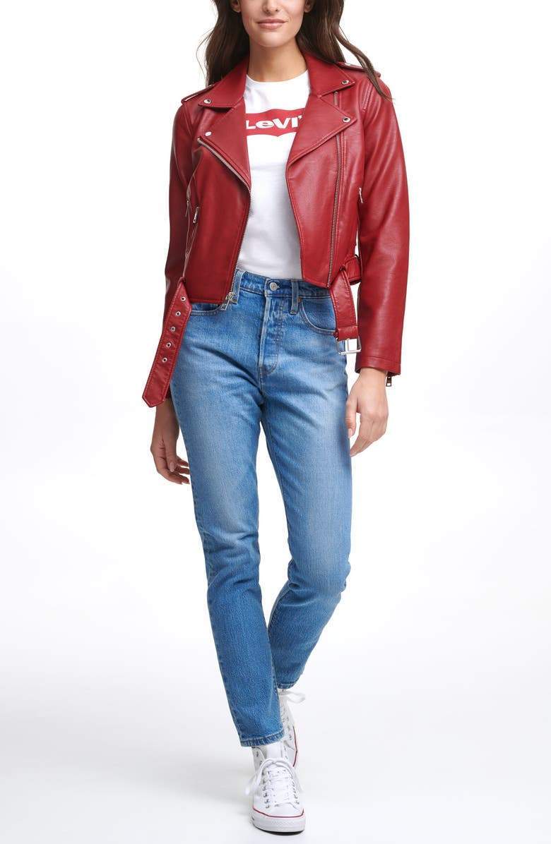 Shop Water Repellent Leather Fashion Belted Moto Jacket