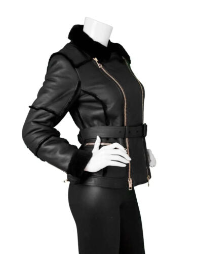 Shop New Stylish Real Leather and Faux Shearling Biker Moto Jacket Black
