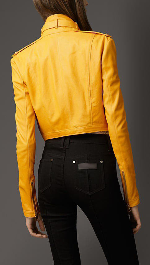 Shop Women Yellow Genuine Leather Cropped Jacket