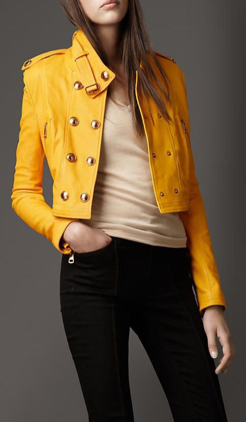 Shop Women Yellow Genuine Leather Cropped Jacket