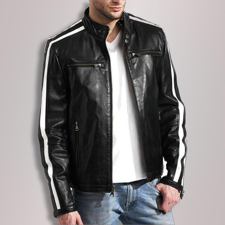 Shop Men's Black Leather White Stripe Moto Racer Style Jacket