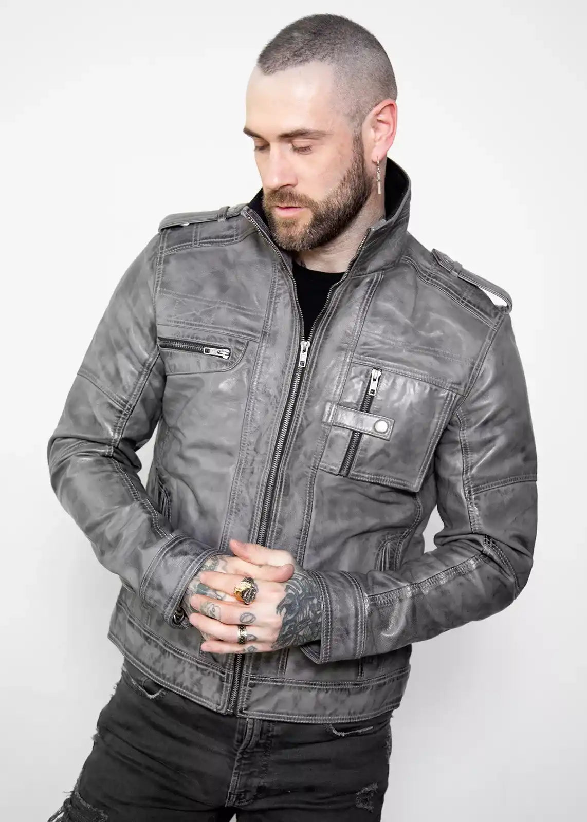 Mens Gray Military Style Distressed Leather Jacket