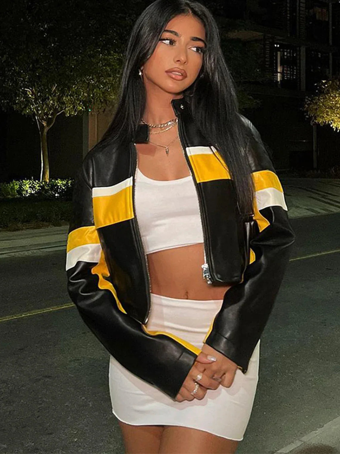 Shop Yellow Stripe Cropped Black Leather Jacket